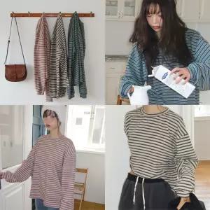 [모코블링] 워밍 스트라이프 양기모 긴팔티 #기모티셔츠 #양기모 #스트라이프티 #레이어드티 #오버핏티셔츠 #오버사이즈 #박시티