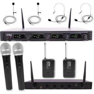 [미국배송] PYLE 4 채널 무선 마이크 시스템 - 휴대용 UHF 오디오 세트(핸드헬드 2개 헤드셋 라발리에 송신기 'AA' 배터리 8개 전원 어댑터 포함) 노래방 PA DJ용 PDWM4540