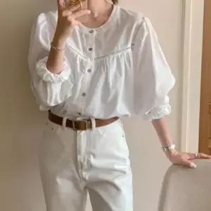 [옷자락]여성 퍼프소매 노칼라 펀칭 긴팔 셔츠