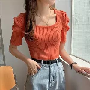 스퀘어넥 어깨셔링 반팔 골지소재 신축성 편한 (KYR-WFFT5JV)