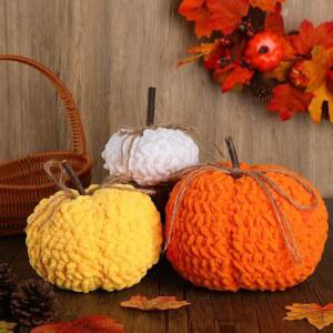 Weysat 3개 가을 코바늘 뜨개질 호박 장식 추수감사절 니트 코바늘 뜨개질 가짜 호박 청키 샤닐 실 장식 농가 추수감사절 가을 수확 테이블 중앙 장식 주방 장식