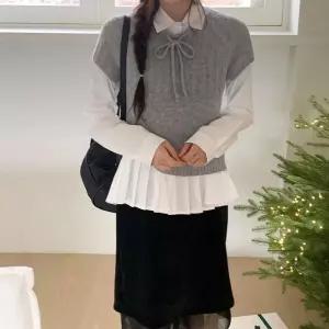 여자 봄 가을 간절기 데일리 레이어드 리본 골지 반팔 니트 티셔츠