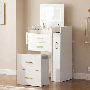 Herture 3in1 베니티 데스크 플립 탑 미러 LED 조명 사이드 캐비닛 접이식 책상 패널 수납 공간 숨겨진