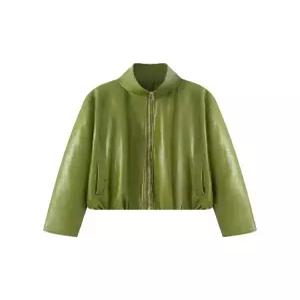 여자정장세트 추동 그린 가죽 재킷 코트 스커트 세트 원템4