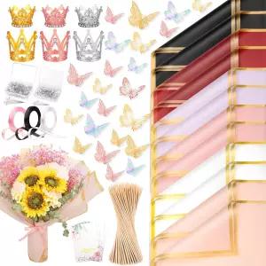 276 PCS 꽃 포장지 꽃다발 키트 리본이 달린 방수 30매 진주 핀 대나무 꼬치 공예 어머니의 날 생일 3D