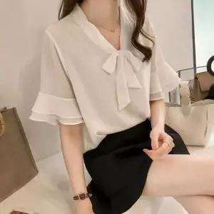 여성 여름 리본 장식 프릴 반팔 새틴 블라우스 셔츠 W8D7599