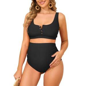 잔도 임산부 수영복 하이웨이스트 비키니 세트 버튼 다운 여성용 2피스