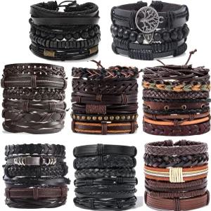 남성 SONNYX 44개 땋은 가죽 팔찌 여성 직조 커프 랩 헴프 코드 나무 구슬 민족적 조절가능 손목 밴드