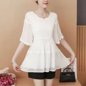 여성 여름 라운드 플라워 패치 화이트 반팔 블라우스 WAE605E