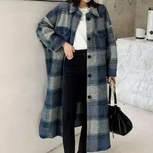 체크 여성 오버핏 모직 롱코트 셔츠형 외투