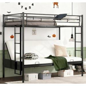 벨메이브 트윈 오버 퓨튼 이층 침대, 이불이 있는 로프트 박스 스프링 필요 없음, 블랙