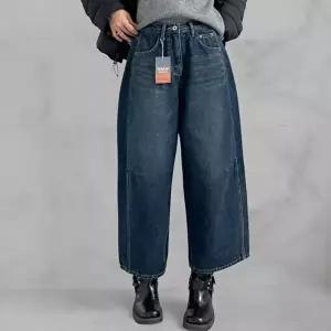 [옷자락]여성 절개 와이드핏 9부 크롭 겨울 기모 데님팬츠