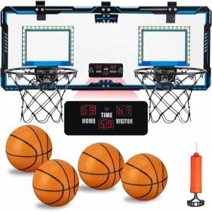 브이로그틱 실내 더블 샷 농구 후프 - LED 조명 및 전자 스코어보드가 장착된 오버 더 도어 월 마운트