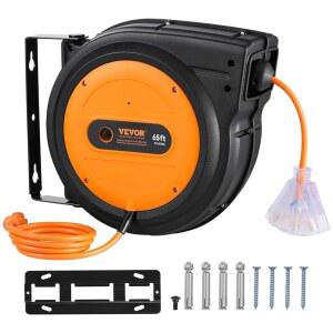 VEVOR 개폐식 연장 코드 릴, 65피트, 헤비 듀티 12AWG / 3C SJTOW 전원 코드, 조명이 켜진 트리플 탭 콘센트, 15암페어 차단기, 천장 또는 벽걸이용 180 회전 브래킷 포함