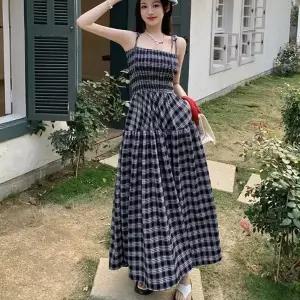 여자 사각 체크 패턴 튜브탑 주름 민소매 롱 원피스