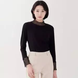 [지센] 골지 레이스 플리츠 스판 티셔츠 LFTSP101_BK