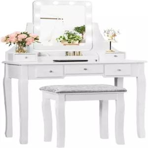 불이 켜진 거울이 있는 코스트웨이 베니티 데스크 세트 LED 전구 10개가 360° 회전 미러 서랍 5개가