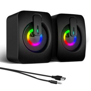 멜로가 RGB 컴퓨터 스피커, 7색 LED 백라이트가 장착된 USB 구동 PC 데스크톱, 노트북, 태블릿 u2013 크리스프 오디오 및 공간 절약 디자인을 위한 3.5mm Aux 컴팩트 사운드바