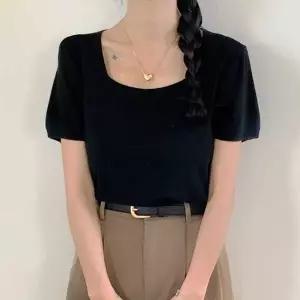 [하프클럽/]스퀘어넥 크롭 반팔 니트 골지 데일리 베이직 오피스