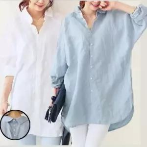 [하프클럽/]여성 카라 뒷단추 포인트 간절기 롱셔츠 롱블라우스