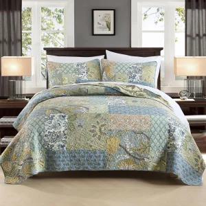 에트웰 퀸 퀼트 침구 세트 패치워크 코튼 침대 스프레드 커버렛 경량 사계절용 플로럴 그린 이불 베개 심