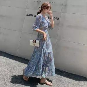 플라워 러플 5부 롱원피스 허리 밴딩 여름 원피스 데이트룩 바캉스룩 (WFKCENJ)