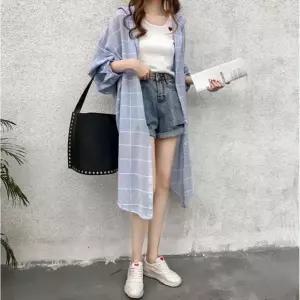 롱 원피스형 후드 체크남방 여자 간절기 셔츠 (WFKBX4G)