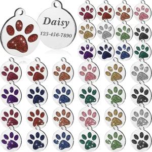 Abbylike 36개 개와 고양이를 위한 개인 맞춤형 발 프린트 원형 애완동물 태그 빈 ID 귀여운 금속 글리터
