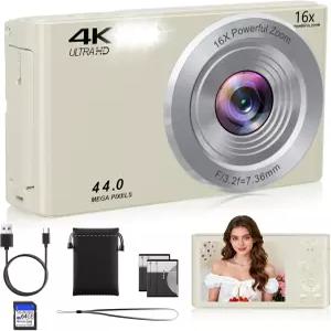 디지털 카메라 64GB SD 카드 2 배터리가 장착된 FHD 4K 44MP 컴팩트 16배 자동 초점 줌 휴대용 소형 10대
