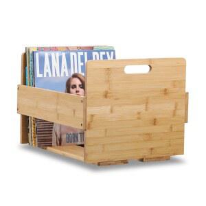 비닐 레코드 보관 상자 대나무 - 레코드용 앨범 최대 80LPs, 잡지 및 파일을 위한 데스크탑 정리함 홀더 가정 또는 사무실