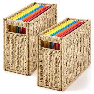 Teenyyou 강화된 손잡이가 있는 걸이식 파일 오거나이저, 천연 장식 폴더 박스, 홈 오피스 파일링을 위한 접이식 휴대용 보관함, 레터 사이즈 (2팩, 종이 로프)