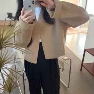 빛채운 여성 미니멀리즘 추동 브이넥 솔리드 긴팔 모직 하프코트 OPH4