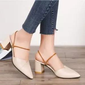 여성 구두 스트랩 통굽 발편한 미들 힐 슈즈 뾰족코