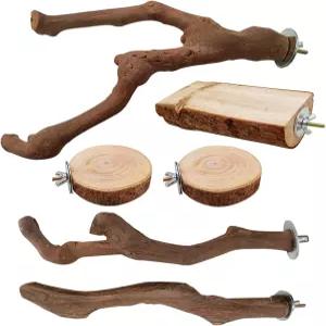 6PCS 새 케이지용 천연 앵무새 농어 스탠드 포도 나무 버드 플랫폼 발 갈기 포크 운동 장난감 세트 코카티