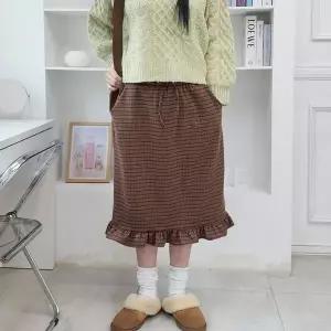 [하프클럽/]여자 겨울 프릴 A라인 밴딩 체크치마 스판 롱스커트