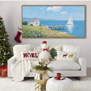 거실, 해변 벽 아트, 요트와 바다 장식이 특징인 꽃 침실 또는 침대 위 장식을 위한 해상 프레임 벽용 대형 아트워크, 50.8 x 101.6cm(20 40인치)