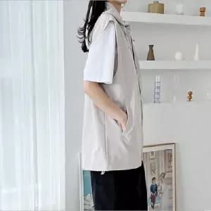 여자여름조끼 오버핏 고프코어 후드 바람막이 조끼 아웃도어 집업 후드 반팔