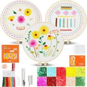 초보자를 위한 HTVRONT 스파클링 비드 자수 키트 - 단계별 스티치 비디오 및 지침이 포함된 3세트 꽃