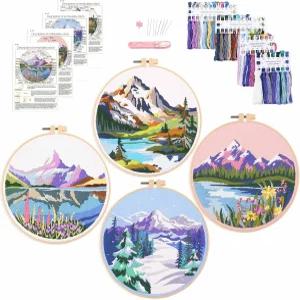 하리마우 4P 초급 자수 키트 꽃 식물 패턴 크로스 스티치 2개의 후프가 있는 스탬프 천 컬러 실 포함