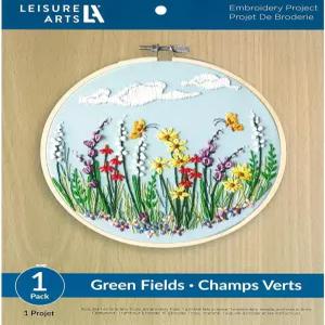초보자를 위한 레저 아트 자수 키트 - 그린 필드 크로스 스티치 8인치 후프 및 패턴 포함