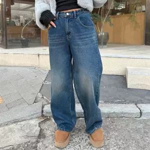 여자 겨울 기모데님 로우라이즈 절개 와이드 청바지