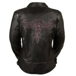 여성용 오토바이 라이딩 블랙 & 퍼플 가죽 재킷 /페닉스 자수