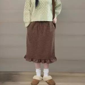 [하프클럽/]여성용 겨울 체크 A라인 프릴 롱스커트 밴딩 스판