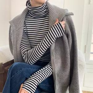 여성 가을 겨울 짧은 기모 워머 스트라이프 터틀넥