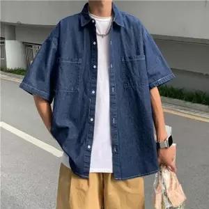 남성 캐주얼 오버핏 2컬러 데님 반팔 셔츠 청남방