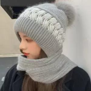 겨울 여자 목도리 니트모자 방한 털 방울 일체형 세트