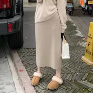 ( )여성 겨울 허리 밴딩 울 니트 부드러운 롱 치마 스커트