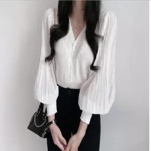 여성블라우스 사이즈 66반 브이넥 퍼프 가디건 블라우스 정장 사무실 하객룩