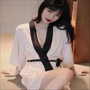 여성 모조실크 로브 샤워가운 홈웨어 허리벨트 포함