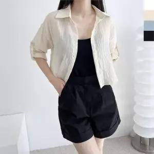 여성 여름 시스루 긴팔 롤업 크롭셔츠 티셔츠 WED6828